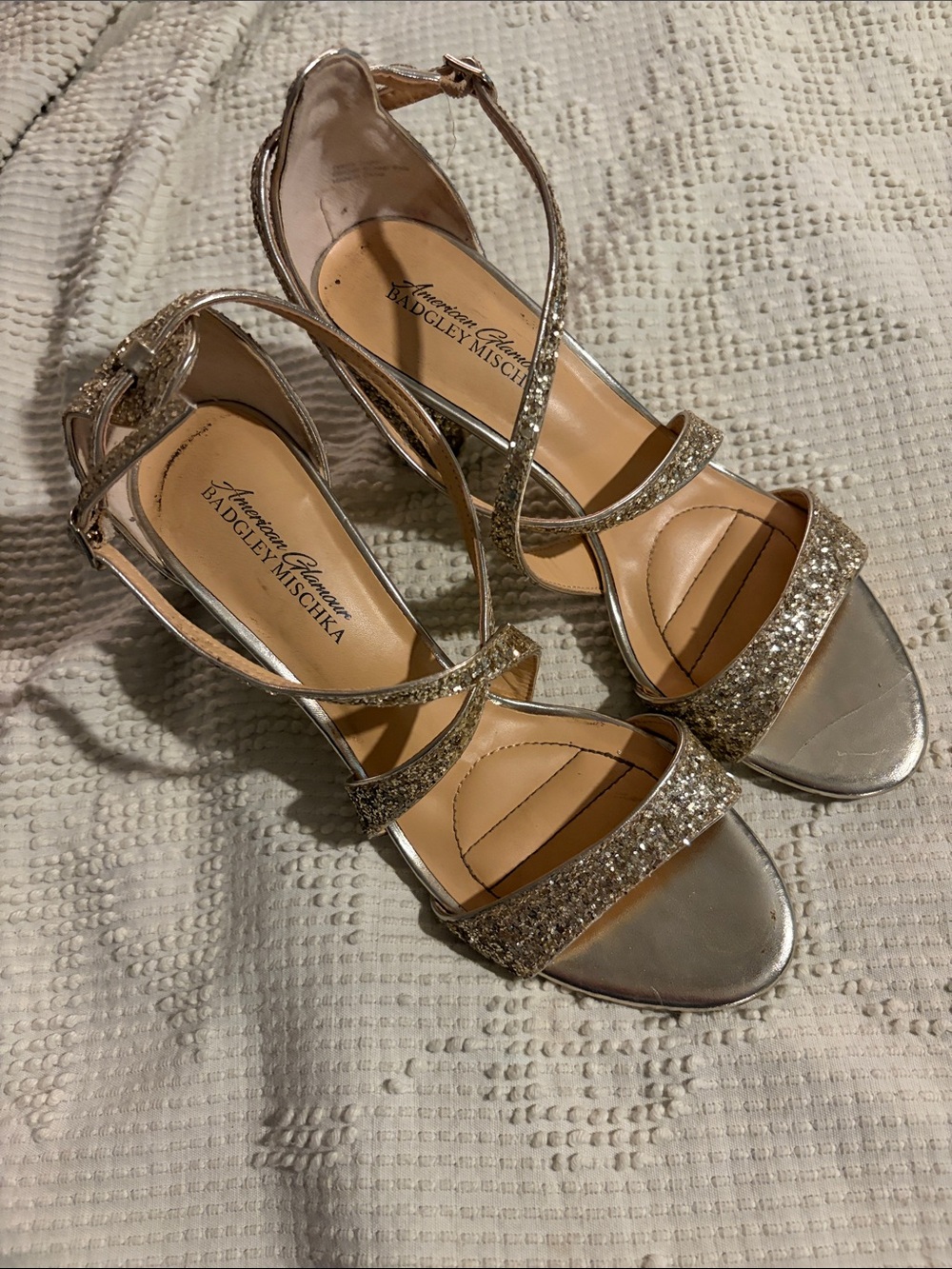 Badgley Mischka Gold Glitter Strappy Heeled Sandals